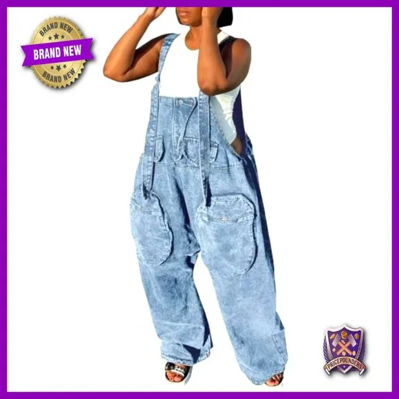 Women's Loose Fit Denim Overalls with Cargo Pockets Wide Leg Jumpsuit